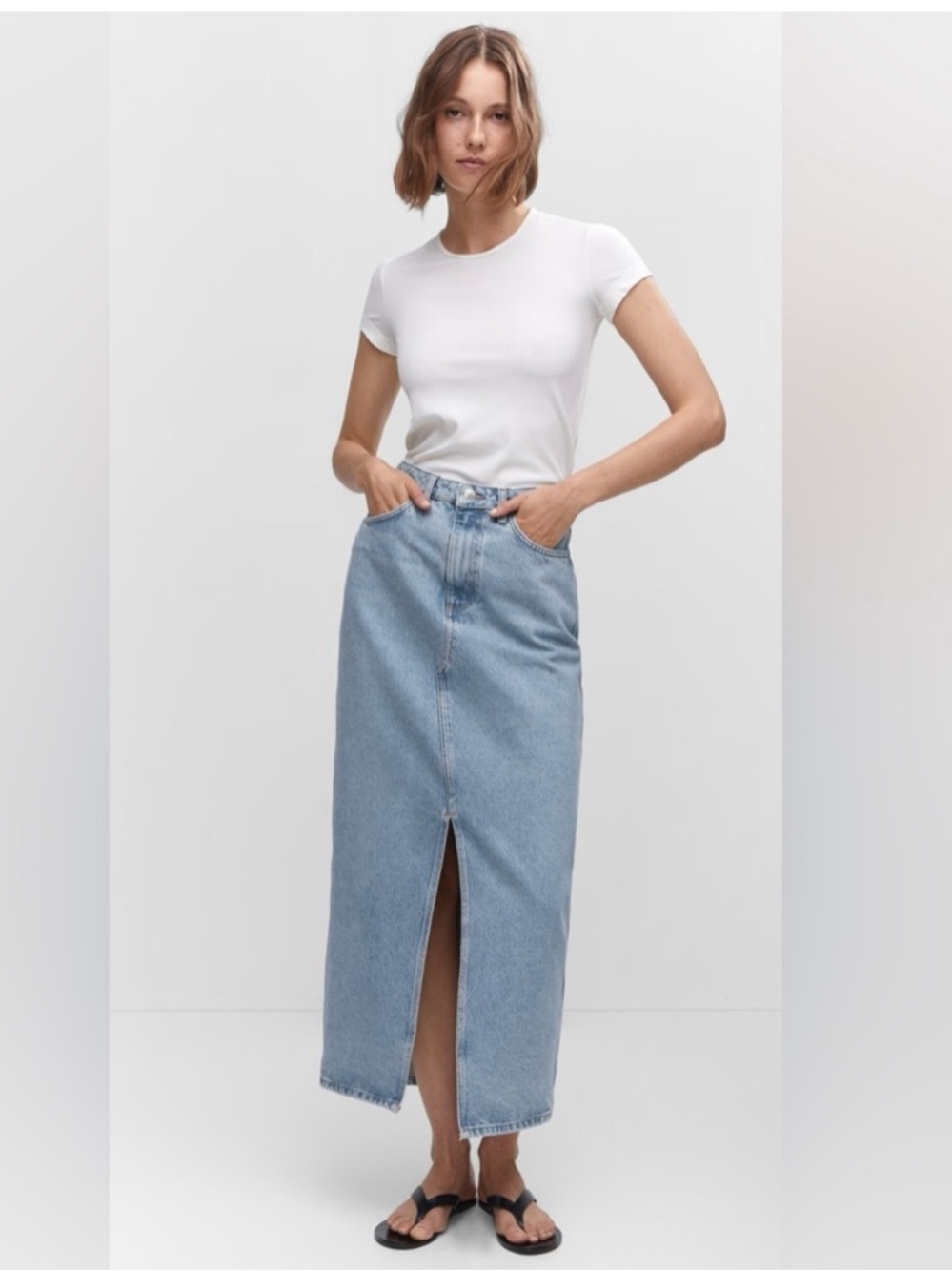 Mango Light Wash Denim Midi Skirt with Front Slit women’s size medium